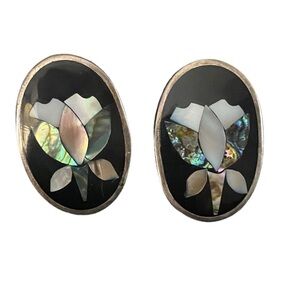 Vintage Alpaca Mexico onyx Abalone mother of pearl silver clip on earrings